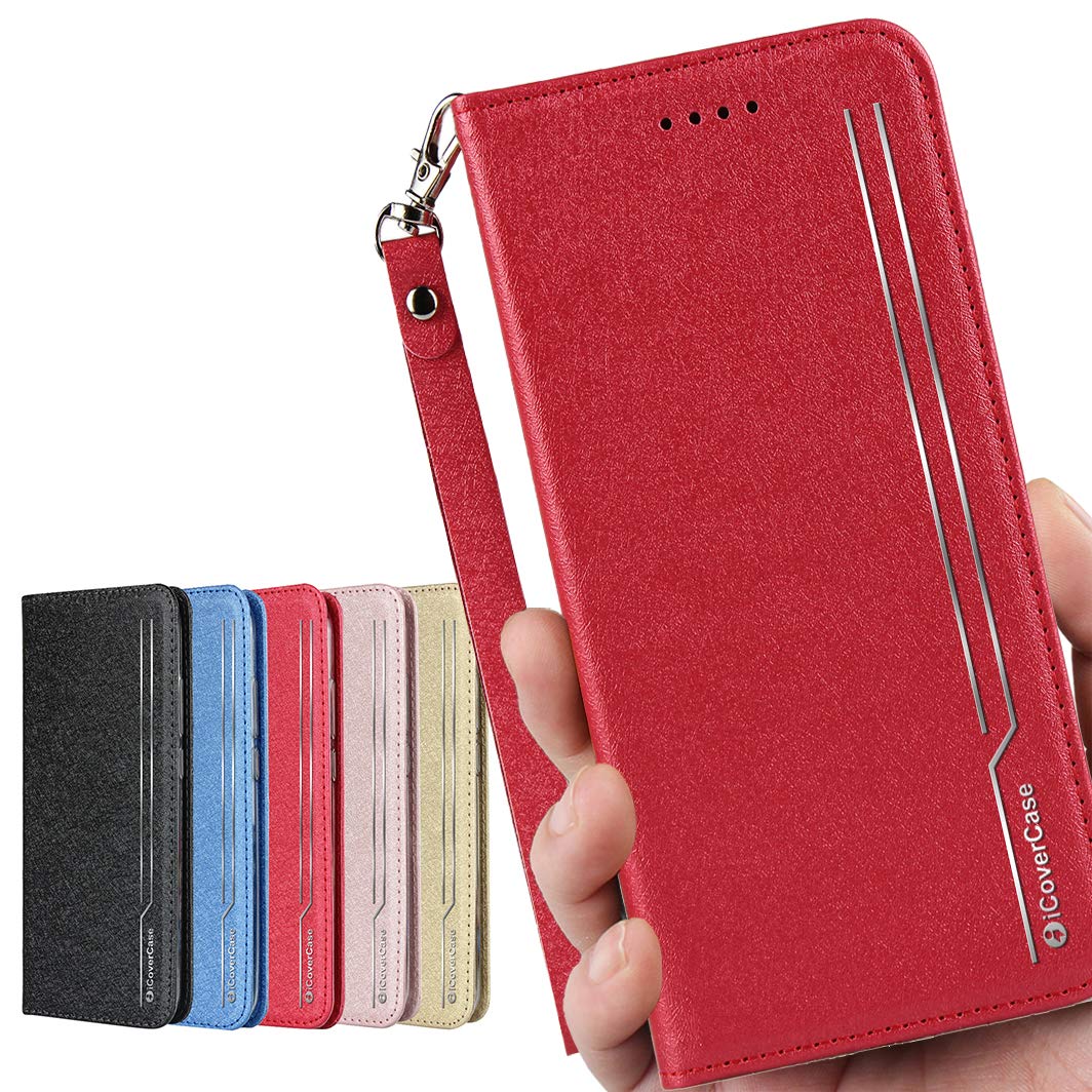 HUAWEI P30 pro ケース/HW-02L docomo ケース 手帳型 カバー P30pro カバー ファーウェイ P30プロ case iCoverCase 内蔵マグネット ベルトなし スマホケース カード入れ付き スタンド機能 スプラットホール付き スプラット同梱 表面研磨 スクラブ処理 砂地の質感 レッド