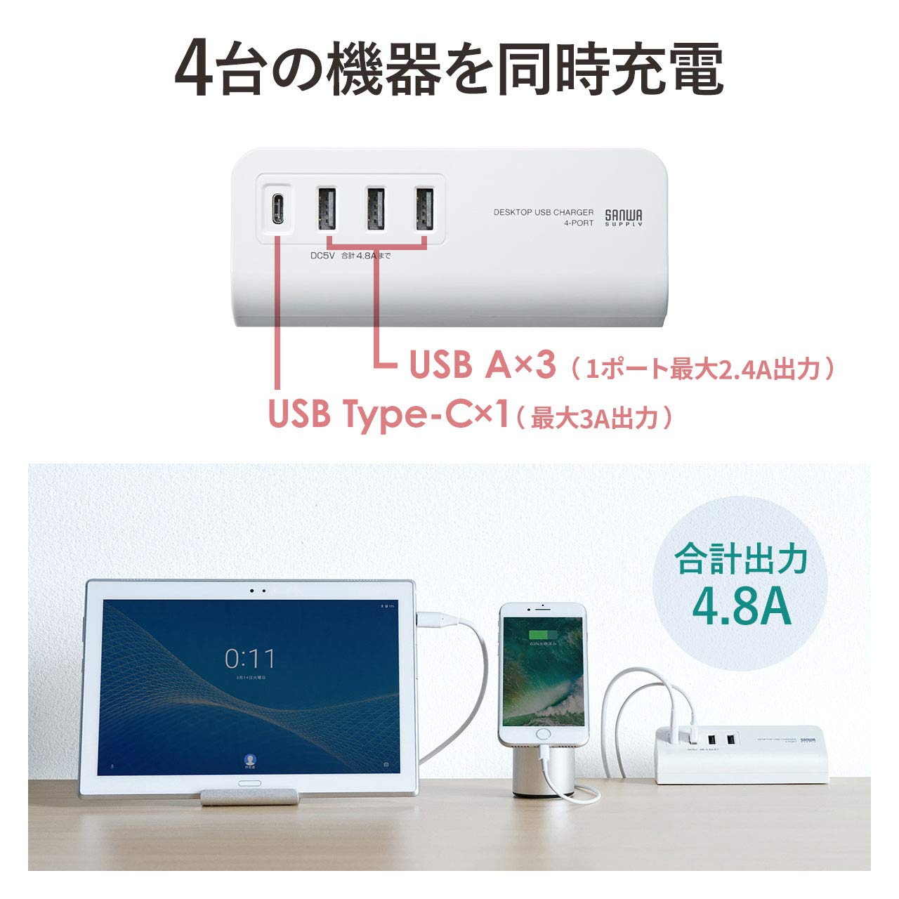 サンワサプライ USB充電器 コンセント(Type-C×1ポート+USB A×3ポート) クランプ式 デスクに固定可能 ブラック ACA-IP51BK
