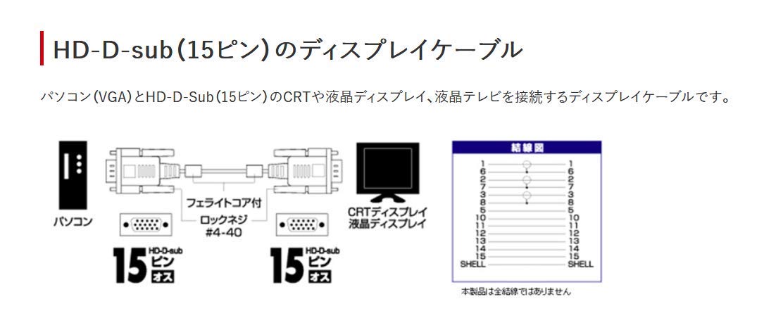バッファロー BUFFALO ディスプレイケーブル 極細 D-Sub15:D-Sub15 コア付 黒 10m BSDCV100BK