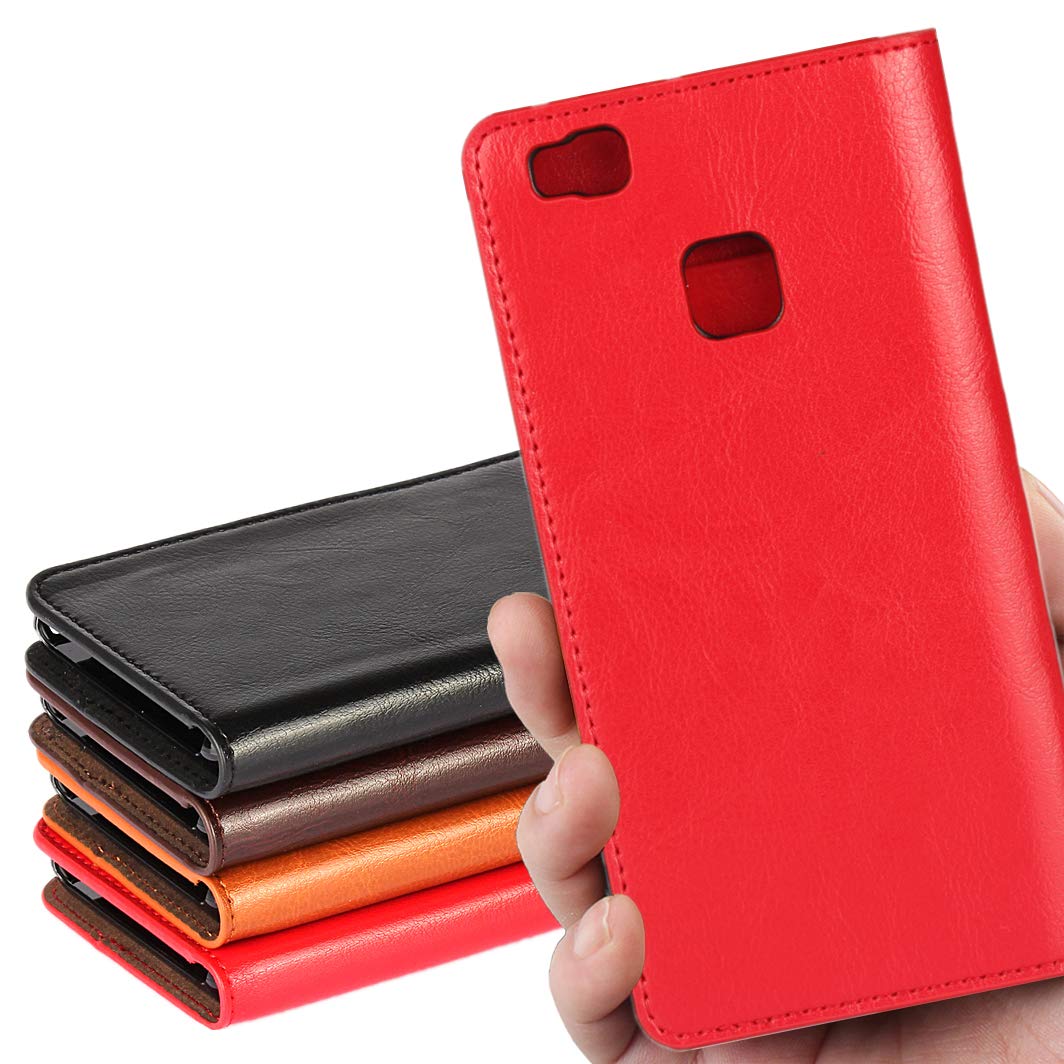 Huawei P9 lite ケース ファーウェイ P9ライト 手帳型 カバー スマホケース CASE iCoverCase 光沢加工 牛革 シンプル レトロ 携帯 カバー カードポケット スタンド機能 財布型 カバー選べる4色 レッド