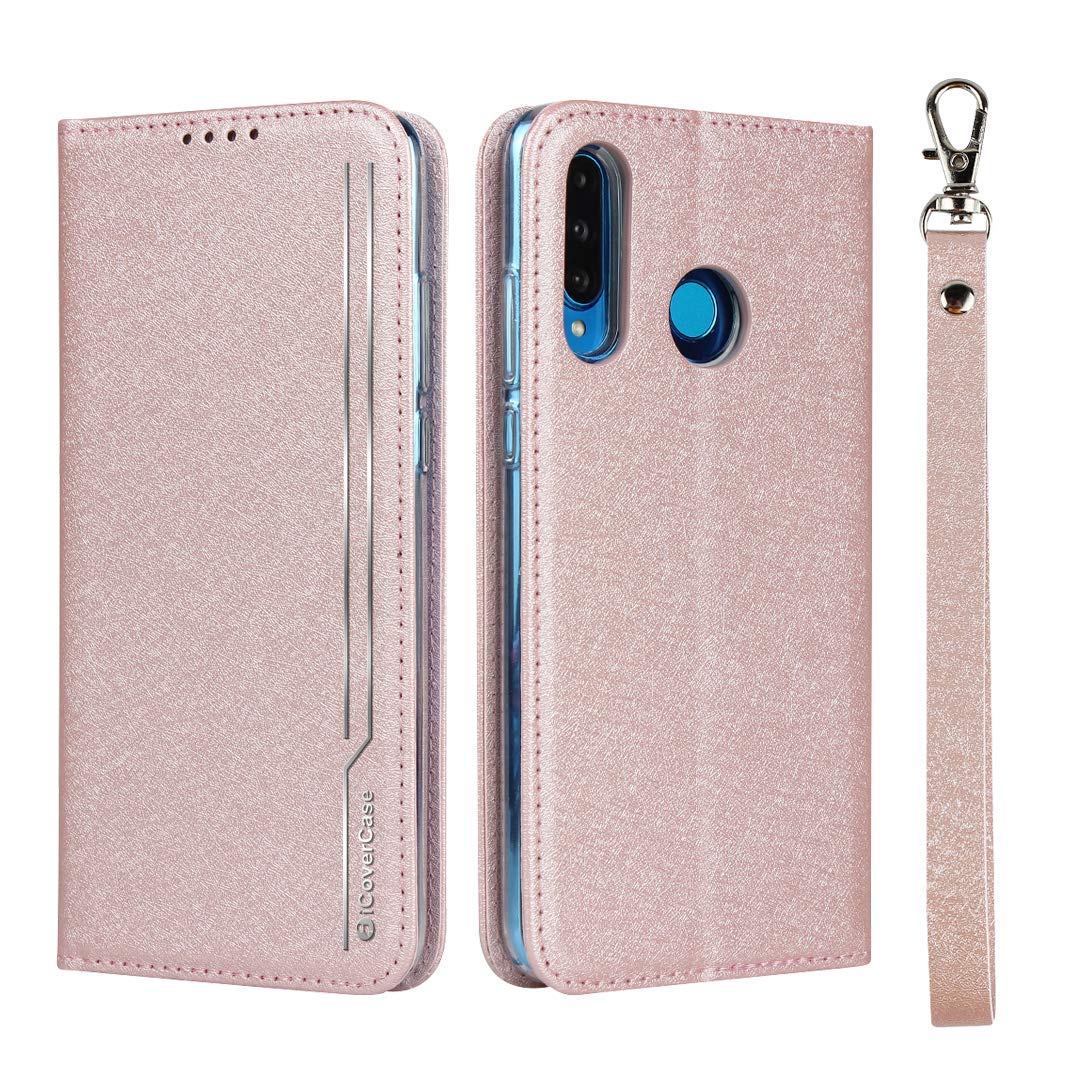 HUAWEI P30 lite ケース / P30 lite Premium HWV33 兼用 P30lite カバー ファーウェイ HUAWEI P30ライト ケース 手帳型 case iCoverCase 内蔵マグネット ベルトなし スマホケース スタンド機能 スプラットホール付き スプラット同梱 表面研磨 スクラブ処理 砂地の質感 ピンク