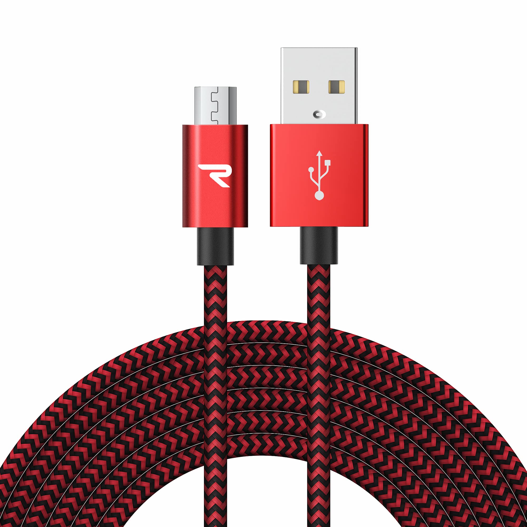 Rampow Micro USB ケーブル3M/赤 2.4A急速充電ケーブル 高速データ転送対応 高耐久編組ナイロンケーブル Sharp Aquos/Sony Xperia/Fujitsu Arrows/Asus ZenFone/Samsung Galaxy多機種対応 Android スマホ 充電ケーブル マイクロusbケーブル