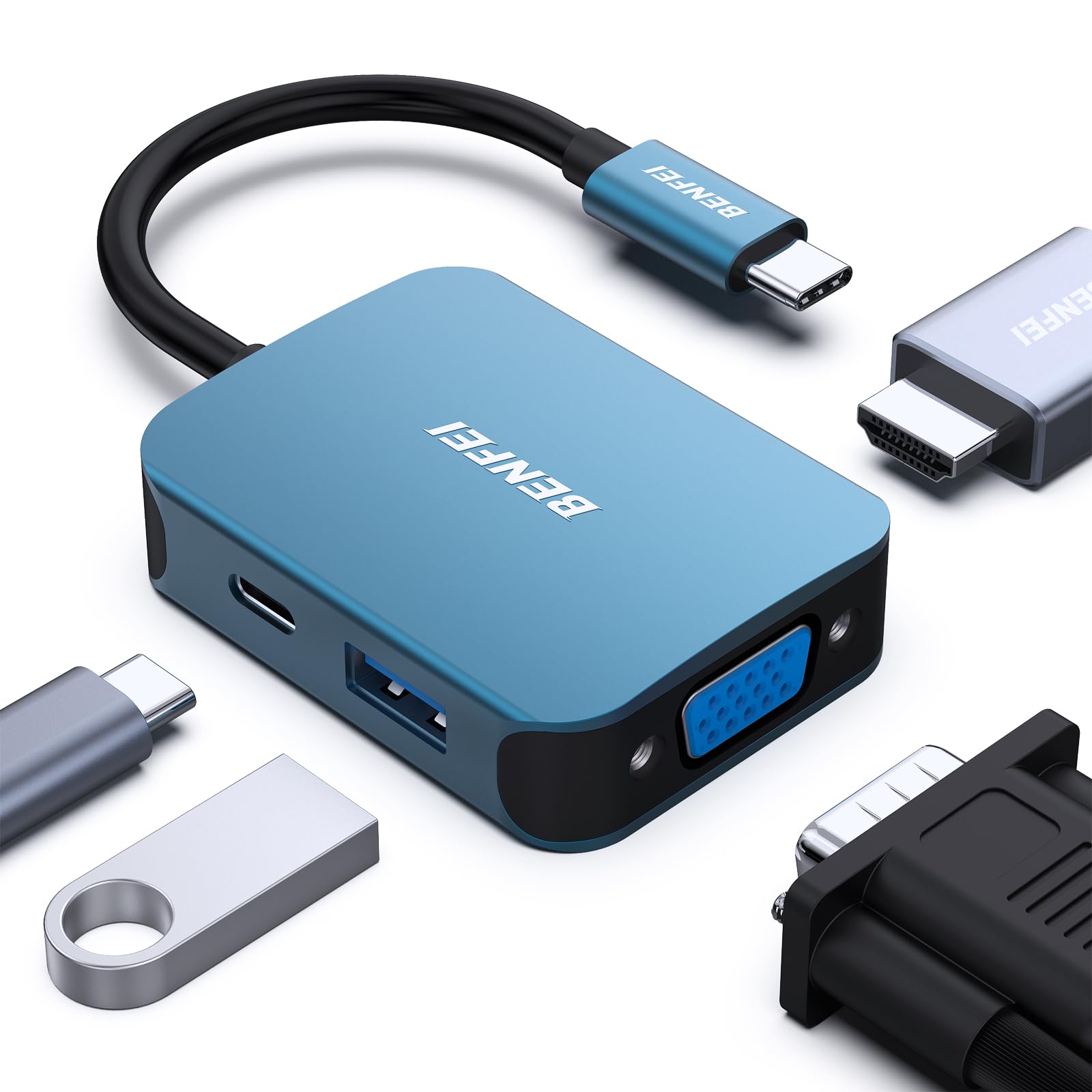 BENFEI 4in1 USB C ハブ、USB C-HDMI VGA USB3.0 PD充電アダプタ、Thunderbolt 3/4 互換 タイプc HDMI VGA 変換アダプタ iPhone 15 Pro/Max, MacBook Pro/Air 2023, iPad Pro, iMac, S23, XPS 17 などに対応