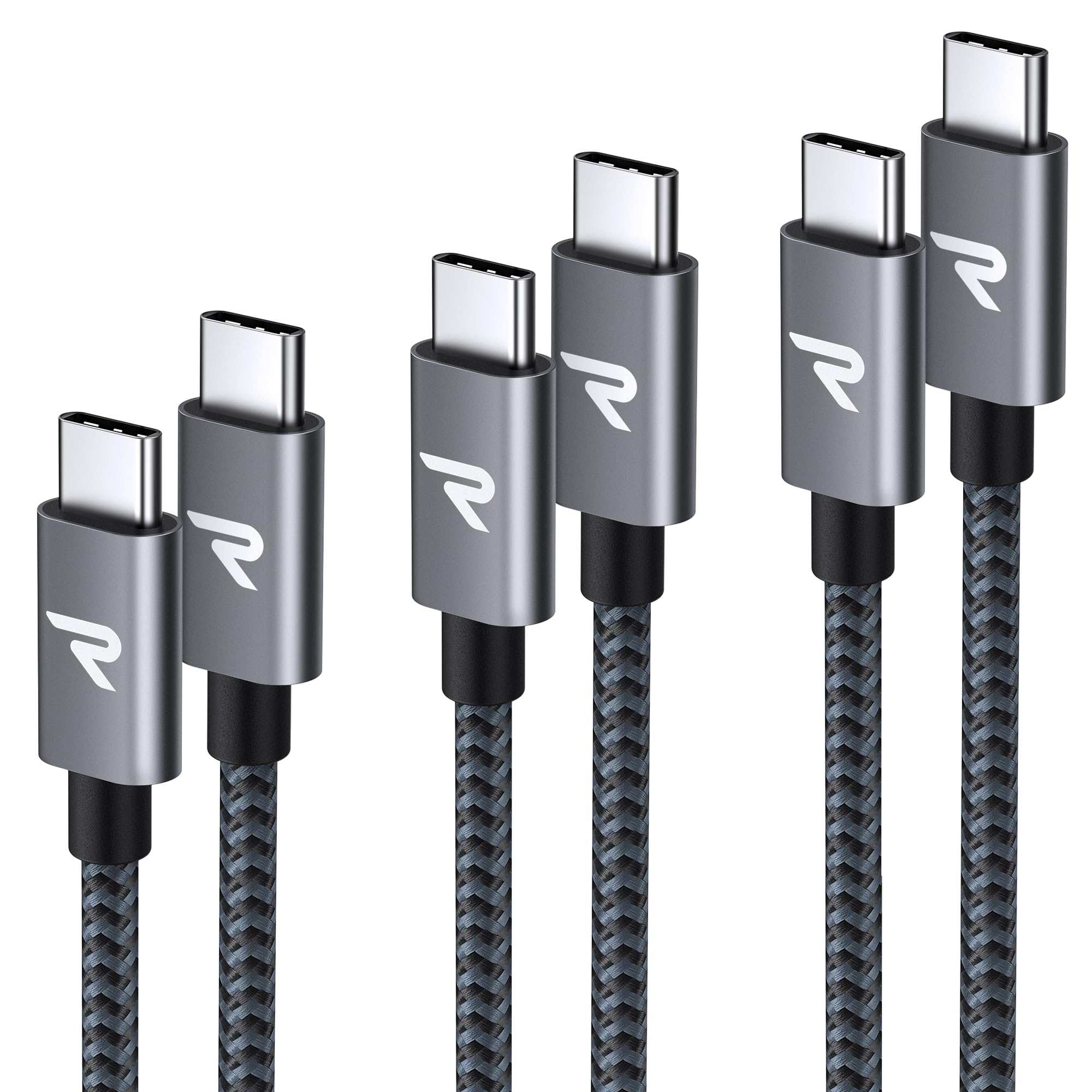 RAMPOW USB C ケーブル PD3.0対応 100W/5A 超高速充電 USB-C USB-C ケーブル データ転送 断線防止 高耐久ナイロン iPhone15シリーズ充電ケーブル MacbookPro/iPad ProAir/Galaxy/SonyなどType C機種対応3本セット 1m+1m+2m黒