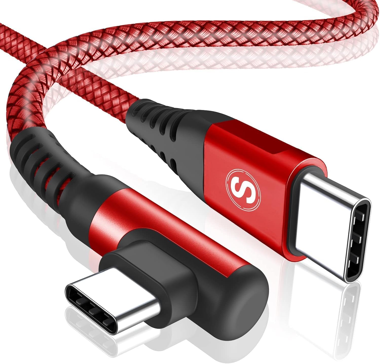 USB Type C ケーブル L字 Type-c L型3M/1本セット PD 60W/3.1A 急速充電 断線防止 ナイロン編み アンドロイド スマホ iPhone 15 Plus Pro MAX/MacBook/iPad/Galaxy S23/S22/S21/S20/Google Pixel/HP/Switch等USB-Cデバイス対応-ビデオ出力非対応-赤