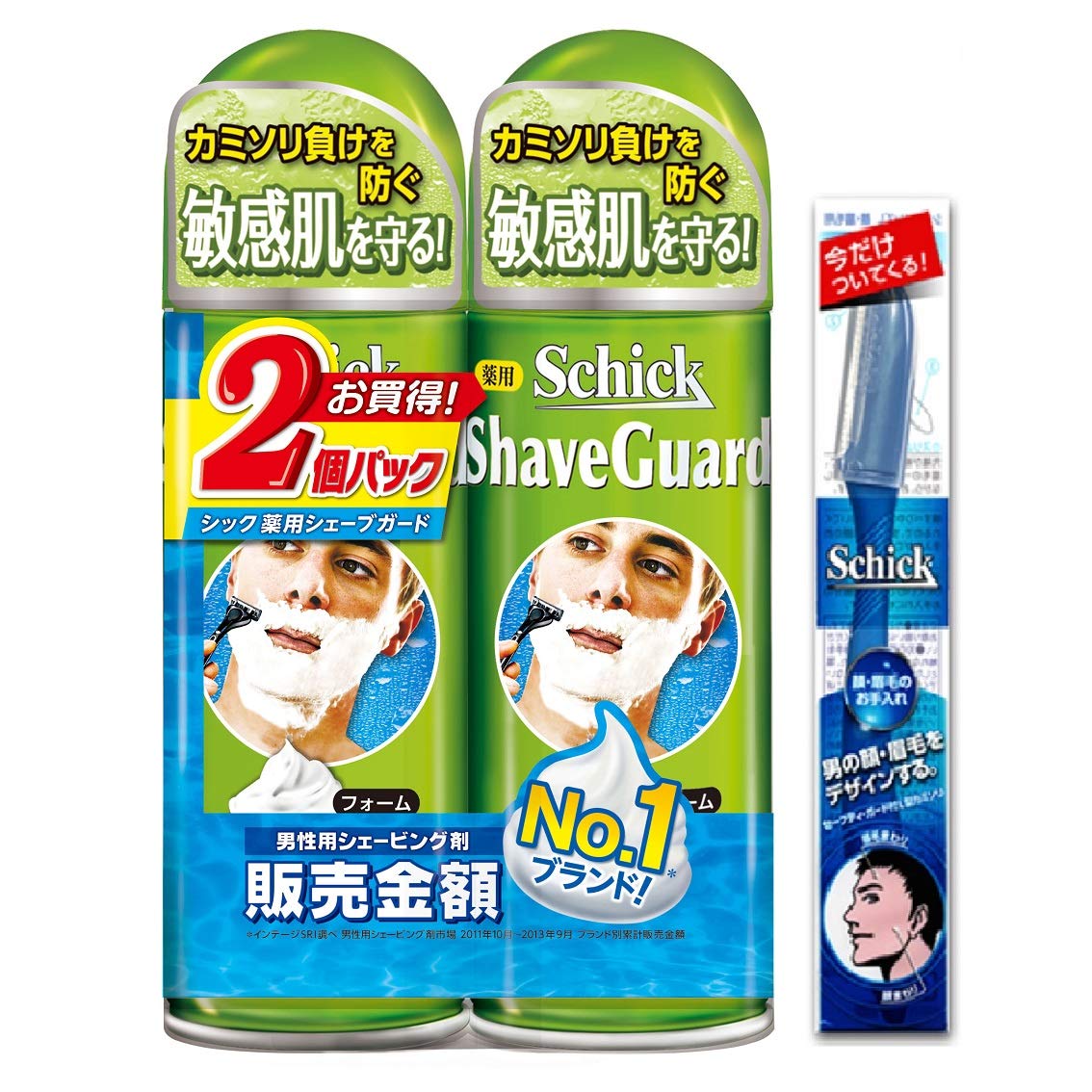 Schick(シック) 薬用シェーブガード ダブルパック Wパック カミソリ 髭剃り 男性 メンズ 緑 ひげそり シェービング かみそり おまけ付き セット 200グラム (x 2)
