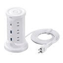 サンワダイレクト 電源タップ タワー 12個口 USB-A×2ポート USB-C ×1ポート 2m 一括スイッチ付き スイングプラグ USB充電 延長コード ホワイト 700-TAP075W