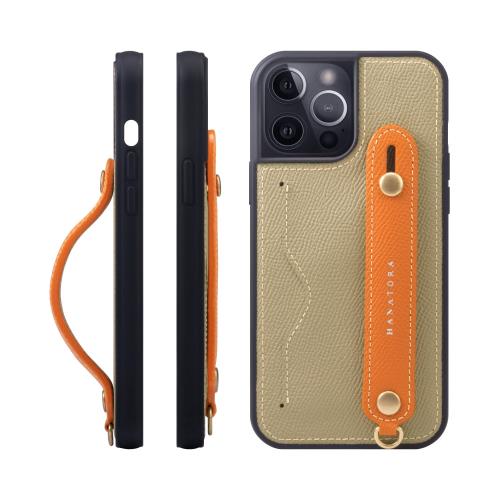 HANATORA iPhone15ProMax ケース 本革 耐衝撃 背面ベルト カードポケット スマホケース スマホ スタンド機能 ネック ストラップ 付き エンボスレザー ギフト マグネットなし グレージュ+オレンジ NCGH-15ProMax-Grege-OG