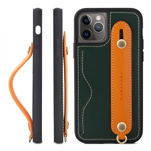 HANATORA 11Pro ケース 本革 耐衝撃 背面ベルト ストラップリング スマホケース スマホ スタンド機能 ネックストラップ 付き イタリアンレザー ギフト グリーン+オレンジ CGH-11Pro-Green-OG