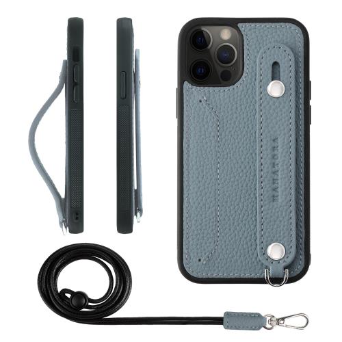 HANATORA iPhone12 12Pro ケース 本革 耐衝撃 背面ベルト ストラップリング スマホケース スマホ スタンド機能 ネックストラップ 付き カードポケット シュリンクレザー ギフト ブルーグレー CGHGZ-12Pro-BlueGray