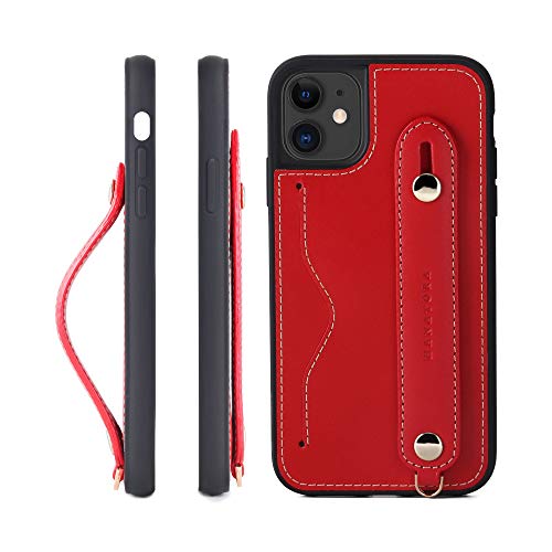 HANATORA 11 ケース 本革 耐衝撃 背面ベルト ストラップリング スマホケース スマホ スタンド機能 ネックストラップ 付き イタリアンレザー ギフト レッド CGH-11-Red