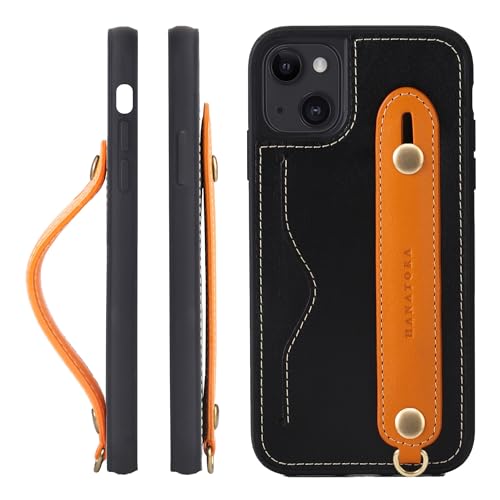 HANATORA 13 ケース 本革 耐衝撃 背面ベルト ストラップリング スマホケース スマホ スタンド機能 ネックストラップ 付き イタリアンレザー ギフト ブラック+オレンジ CGH-13-Black+OG