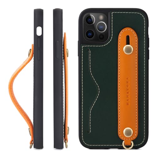 HANATORA 12 12Pro ケース 本革 耐衝撃 背面ベルト ストラップリング スマホケース スマホ スタンド機能 ネックストラップ 付き イタリアンレザー ギフト グリーン+オレンジ CGH-12Pro-Green-OG