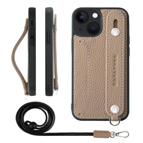 HANATORA iPhone13mini ケース 本革 耐衝撃 背面ベルト ストラップリング スマホケース スマホ スタンド機能 ネックストラップ 付き カードポケット シュリンクレザー ギフト グレージュ CGHGZ-13mini-Grege