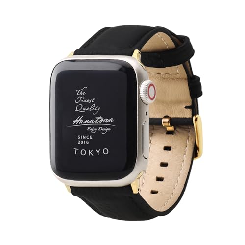 [HANATORA] アップルウォッチ用バンド AppleWatch互換性 バンド コンパチブル 41mm 40mm 38mm 本革 シュリンクレザー メンズ レディース ブラック ゴールド AWBGZ01-M-Black-GO