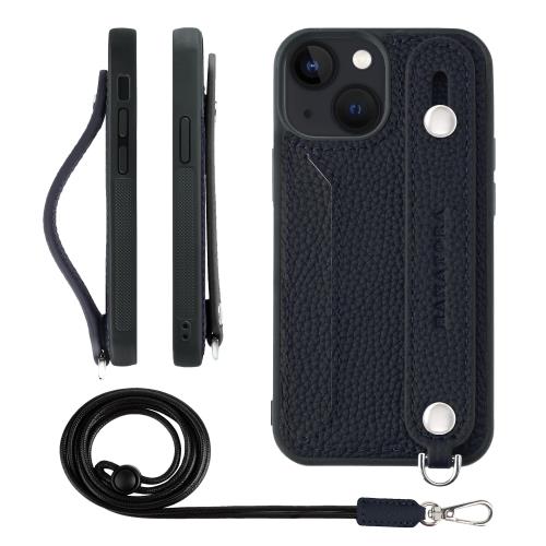 HANATORA iPhone13mini ケース 本革 耐衝撃 背面ベルト ストラップリング スマホケース スマホ スタンド機能 ネックストラップ 付き カードポケット シュリンクレザー ギフト ネイビー CGHGZ-13mini-Navy