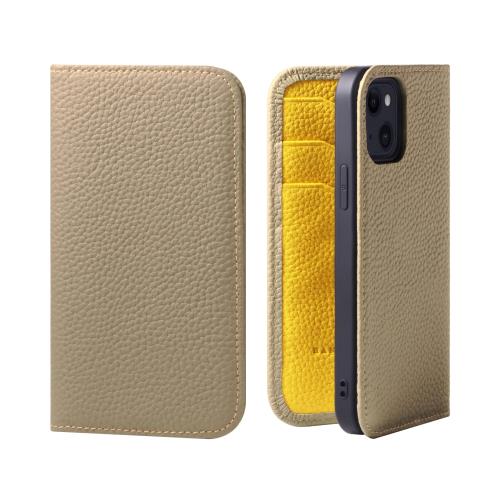 HANATORA iPhone12mini ケース 手帳型 本革 スマホケース スマホ スタンド コードホルダー 付き シュリンクカーフレザー ギフト マグネットなし グレージュ + イエロー PH-12Mini-Grege-YL
