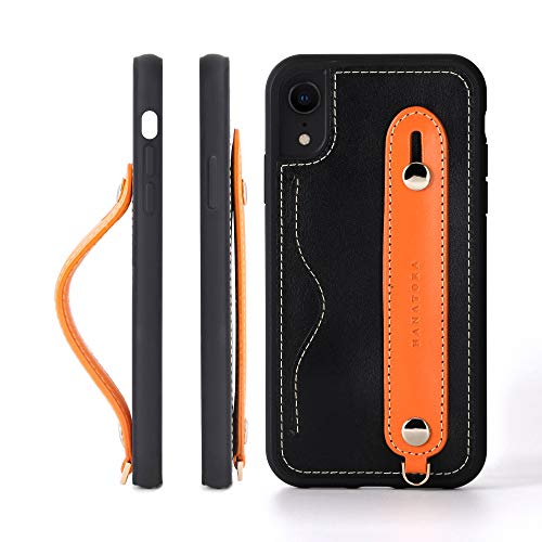 HANATORA XR ケース 本革 耐衝撃 背面ベルト ストラップリング スマホケース スマホ スタンド機能 ネックストラップ 付き イタリアンレザー ギフト ブラック+オレンジ CGH-XR-Black-OG