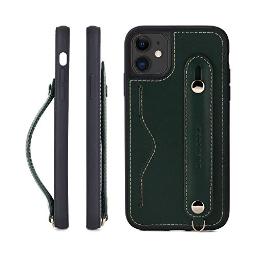 HANATORA 11 ケース 本革 耐衝撃 背面ベルト ストラップリング スマホケース スマホ スタンド機能 ネックストラップ 付き イタリアンレザー ギフト グリーン CGH-11-Green