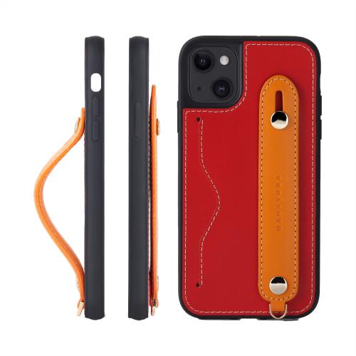 HANATORA 15 ケース 本革 耐衝撃 背面ベルト ストラップリング スマホケース スマホ スタンド機能 ネックストラップ 付き イタリアンレザー ギフト レッド+オレンジ CGH-15-Red-OG