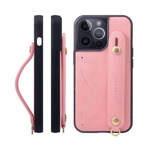 HANATORA iPhone15Pro ケース 本革 耐衝撃 背面ベルト カードポケット スマホケース スマホ スタンド機能 ネック ストラップ 付き エンボスレザー ギフト マグネットなし ピンク NCGH-15Pro-Pink