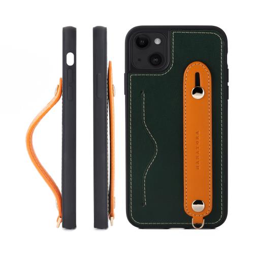 HANATORA 15Plus ケース 本革 耐衝撃 背面ベルト ストラップリング スマホケース スマホ スタンド機能 ネックストラップ 付き イタリアンレザー ギフト グリーン+オレンジ CGH-15Plus-Green-OG