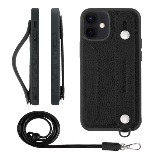 HANATORA iPhone12mini ケース 本革 耐衝撃 背面ベルト ストラップリング スマホケース スマホ スタンド機能 ネックストラップ 付き カードポケット シュリンクレザー ギフト ブラック CGHGZ-12mini-Black