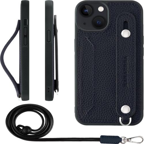 HANATORA iPhone13 ケース 本革 耐衝撃 背面ベルト ストラップリング スマホケース スマホ スタンド機能 ネックストラップ 付き カードポケット シュリンクレザー ギフト ネイビー CGHGZ-13-Navy