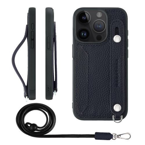 HANATORA iPhone15Pro ケース 本革 耐衝撃 背面ベルト ストラップリング スマホケース スマホ スタンド機能 ネックストラップ 付き カードポケット シュリンクレザー ギフト ネイビー CGHGZ-15Pro-Navy