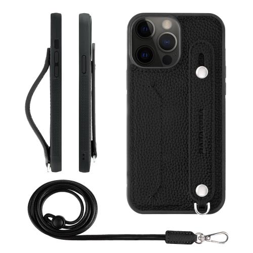 HANATORA iPhone13ProMax ケース 本革 耐衝撃 背面ベルト ストラップリング スマホケース スマホ スタンド機能 ネックストラップ 付き カードポケット シュリンクレザー ギフト ブラック CGHGZ-13ProMax-Black