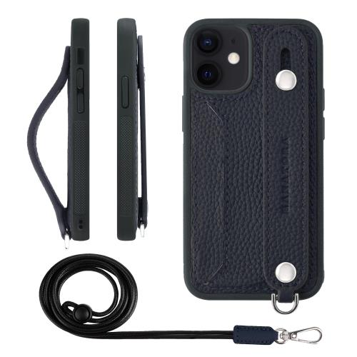 HANATORA iPhone12mini ケース 本革 耐衝撃 背面ベルト ストラップリング スマホケース スマホ スタンド機能 ネックストラップ 付き カードポケット シュリンクレザー ギフト ネイビー CGHGZ-12mini-Navy