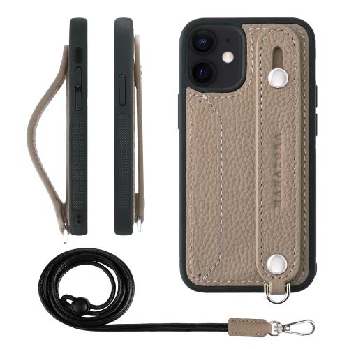 HANATORA iPhone12mini ケース 本革 耐衝撃 背面ベルト ストラップリング スマホケース スマホ スタンド機能 ネックストラップ 付き カードポケット シュリンクレザー ギフト グレージュ CGHGZ-12mini-Grege