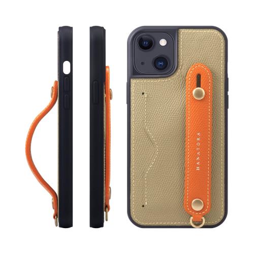 HANATORA iPhone15Plus ケース 本革 耐衝撃 背面ベルト カードポケット スマホケース スマホ スタンド機能 ネック ストラップ 付き エンボスレザー ギフト マグネットなし グレージュ+オレンジ NCGH-15Plus-Grege-OG