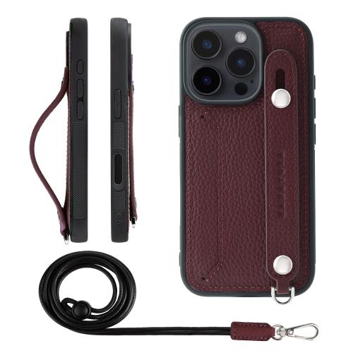HANATORA iPhone16Pro ケース 本革 耐衝撃 背面ベルト ストラップリング スマホケース スマホ スタンド機能 ネックストラップ 付き カードポケット シュリンクレザー ギフト ワイン CGHGZ-16Pro-Wine