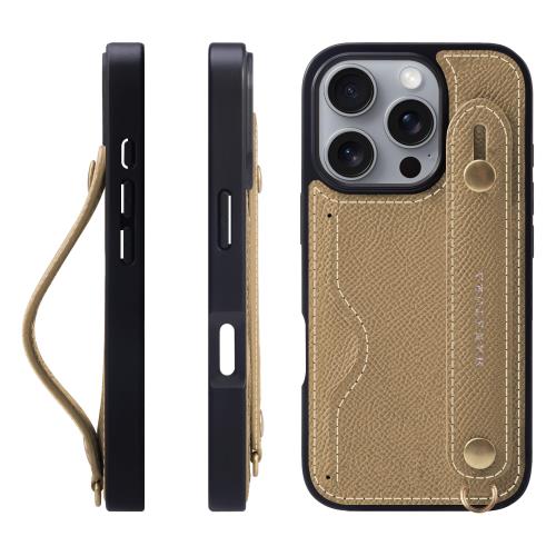 HANATORA iPhone16Pro ケース 本革 耐衝撃 背面ベルト カードポケット スマホケース スマホ スタンド機能 ネック ストラップ 付き エンボスレザー ギフト マグネットなし トープ NCGH-16Pro-Taupe