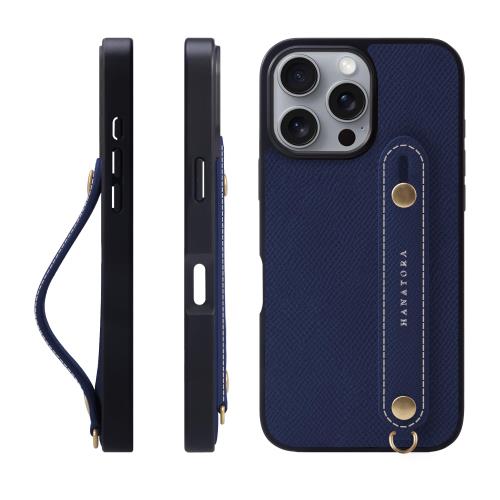 HANATORA iPhone16ProMax ケース 本革 耐衝撃 背面ベルト スマホケース スマホ スタンド機能 ネック ストラップ 付き エンボスレザー ギフト マグネットなし ネイビー NGH-16ProMax-Navy