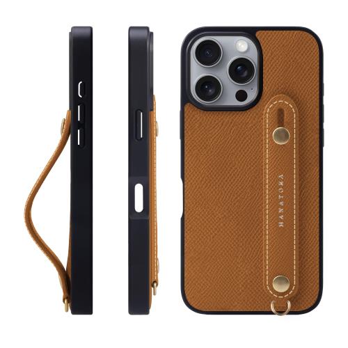 HANATORA iPhone16ProMax ケース 本革 耐衝撃 背面ベルト スマホケース スマホ スタンド機能 ネック ストラップ 付き エンボスレザー ギフト マグネットなし キャラメル NGH-16ProMax-Caramel