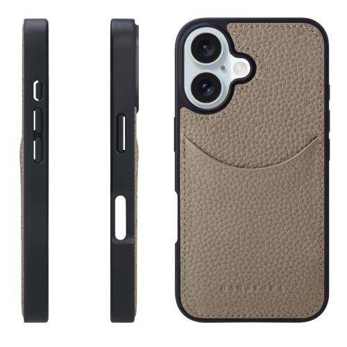 HANATORA iPhone16 ケース 本革 耐衝撃 スマホケース スマホ コードホルダー 付き シュリンクカーフレザー ギフト マグネットなし グレージュ CPG-16-Grege