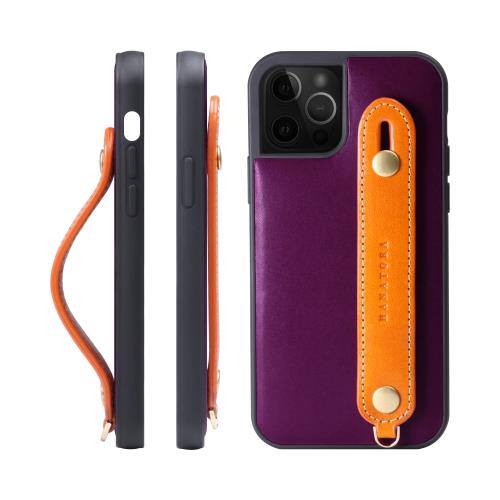 HANATORA iPhone12 12Pro ケース 本革 耐衝撃 背面ベルト ストラップリング スマホケース スマホ スタンド機能 ネックストラップ 付き イタリアンレザー ギフト マグネットなし パープル+オレンジ TGH-12Pro-PurpleOG