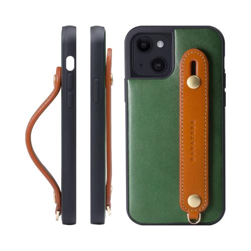 HANATORA iPhone15 ケース 本革 耐衝撃 背面ベルト ストラップリング スマホケース スマホ スタンド機能 ネックストラップ 付き イタリアンレザー ギフト マグネットなし グリーン+オレンジ TGH-15-GreenOG