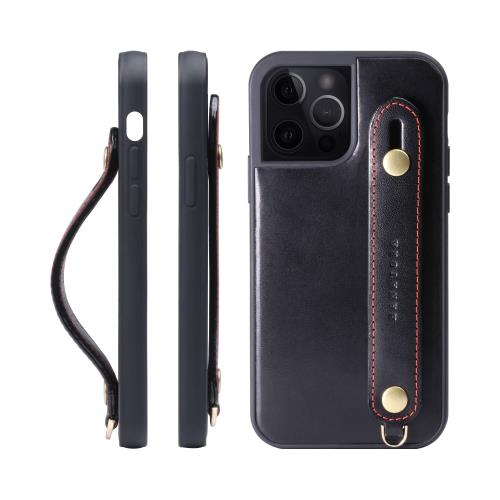 HANATORA iPhone15Pro ケース 本革 耐衝撃 背面ベルト ストラップリング スマホケース スマホ スタンド機能 ネックストラップ 付き イタリアンレザー ギフト マグネットなし ブラック TGH-15Pro-Black