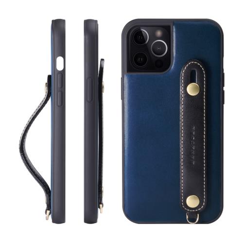 HANATORA iPhone15ProMax ケース 本革 耐衝撃 背面ベルト ストラップリング スマホケース スマホ スタンド機能 ネックストラップ 付き イタリアンレザー ギフト マグネットなし ブルー+ブラック TGH-15ProMax-BlueBK