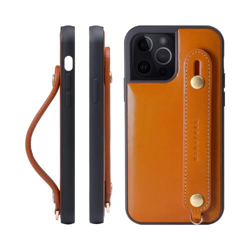 HANATORA iPhone15Pro ケース 本革 耐衝撃 背面ベルト ストラップリング スマホケース スマホ スタンド機能 ネックストラップ 付き イタリアンレザー ギフト マグネットなし オレンジ TGH-15Pro-Orange