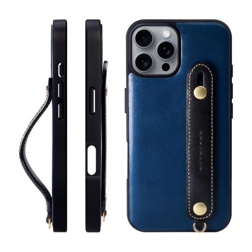 HANATORA iPhone16ProMax ケース 本革 耐衝撃 背面ベルト ストラップリング スマホケース スマホ スタンド機能 ネックストラップ 付き イタリアンレザー ギフト マグネットなし ブルー+ブラック TGH-16ProMax-BlueBK