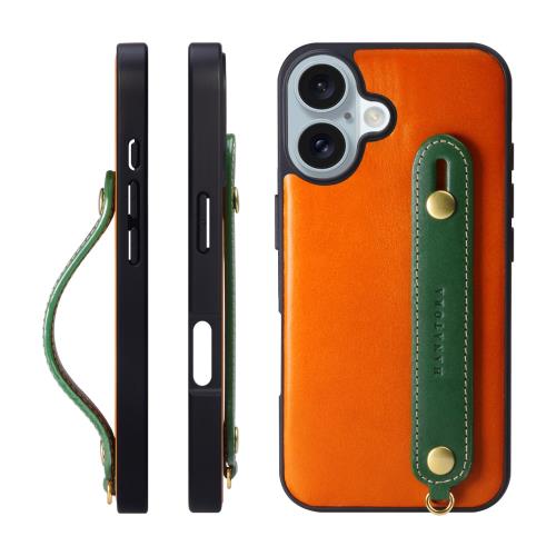 HANATORA iPhone16Plus ケース 本革 耐衝撃 背面ベルト ストラップリング スマホケース スマホ スタンド機能 ネックストラップ 付き イタリアンレザー ギフト マグネットなし オレンジ+グリーン TGH-16Plus-OrangeGN