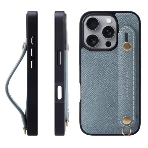 HANATORA iPhone16Pro ケース 本革 耐衝撃 背面ベルト スマホケース スマホ スタンド機能 ネック ストラップ 付き エンボスレザー ギフト マグネットなし ブルー ラン NGH-16Pro-Bluelin