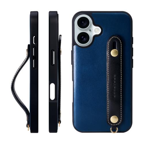 HANATORA iPhone16Plus ケース 本革 耐衝撃 背面ベルト ストラップリング スマホケース スマホ スタンド機能 ネックストラップ 付き イタリアンレザー ギフト マグネットなし ブルー+ブラック TGH-16Plus-BlueBK