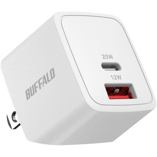 バッファロー 充電器 20W 2ポート Type-C Type-A USB PD Power Delivery 3.0 急速充電 GaN 窒化ガリウム 折り畳み式 コンセント プラグ PSE適合 BSACPD2015C2WH