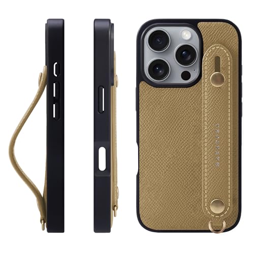 HANATORA iPhone16Pro ケース 本革 耐衝撃 背面ベルト スマホケース スマホ スタンド機能 ネック ストラップ 付き エンボスレザー ギフト マグネットなし グレージュ NGH-16Pro-Grege