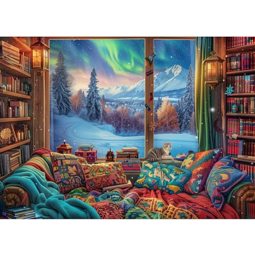 ピースタイプ：標準ピース　ピース数：1000ピース　仕上がりサイズ：50x70cm　パッケージ内容：ジグソーパズル 1000ピース、仕上がり参考図1枚　*パズルのりはパッケージに含みません、ご注意ください。 暖かい部屋雪景色が見える暖かい部...